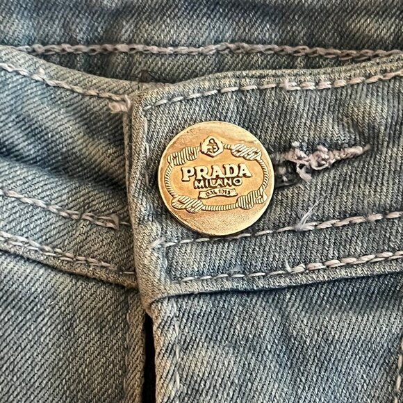 Prada 2 Pocket High Waisted Skinny Light Blue Jeans, Large Leather Logo Size 29 - Picture 7 of 10